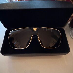 Versace Black Shield Sunglasses with Gold Trim and Medusa Accent